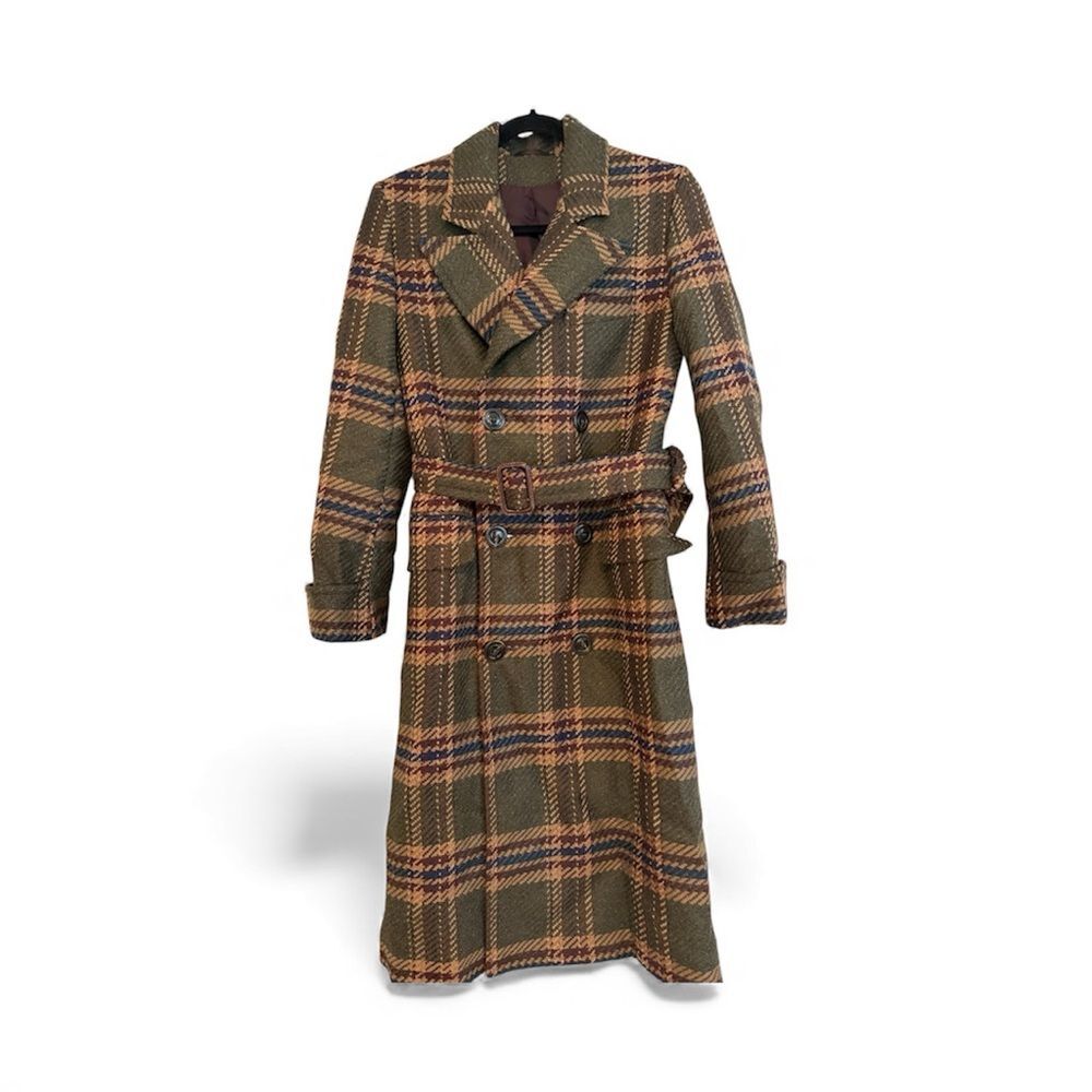 Luciano Barbera Double Breasted Belted Plaid Trench Coat  XS NWT